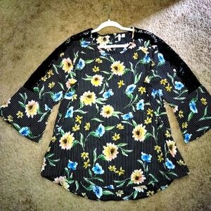 Cato (Size 14/16W) Black & White Stripe Floral Print Crochet Shoulder Blouse